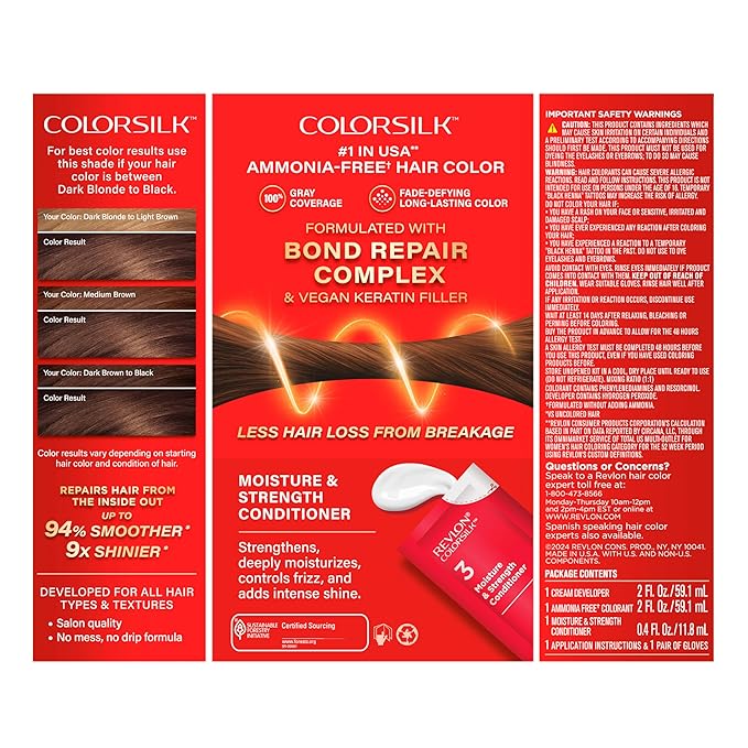 Revlon ColorSilk with Bond Repair Complex, Brown Permanent Hair Color, 100% Gray Coverage, Ammonia Free Hair Dye, Vegan Keratin, 43 Medium Golden Brown (Pack of 3)