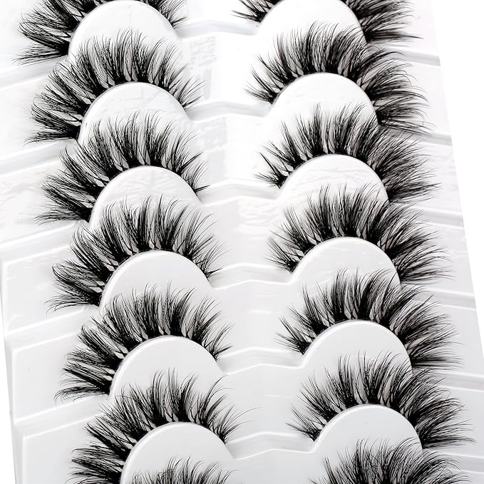 Pooplunch False Eyelashes Invisible Band Cat Eye Lashes Wispy Extension Volume Natural Short Fake Eyelash Faux Mink Lashes Strips 7 Pairs Pack