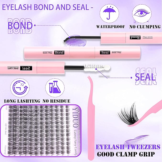 YlDUO Lashes Clusters Kit Natural Clusters Lash Extensions C/D Curl Wispy Individual Fake Eyelash, DIY Natural Extension Lash with Glue*2|Tweezers|Removers|Eyelash&Eyebrow Brush DIY at Home Easily