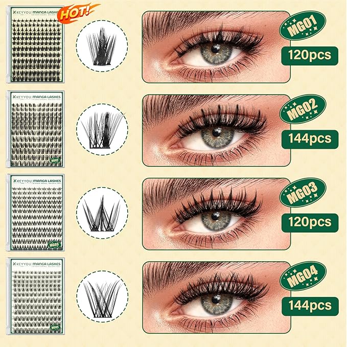 KEYYOU LASH Manga Lash Clusters 8-18mm Fairy Eyelash Clusters Natural DIY Lash Extension Wispy with Soft Thin Band(MG02)