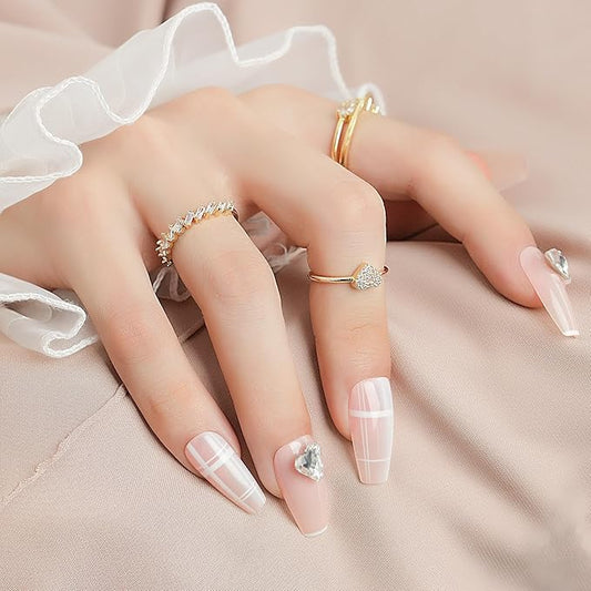 Press on Nails with Heart Big Rhinestones, Luxury Nude French Coffin Stick on Nails with Clear Crystal Pearl Coffin Nails