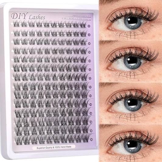 Wispy Natural Lash Clusters Kit Natural Lash Invisible Lash Band Cluster Eyelash Extensions Kit 8-16mm Individual Lashes Extension DIY D Curl Eyelash with Waterproof Clear Lash Band Clusters