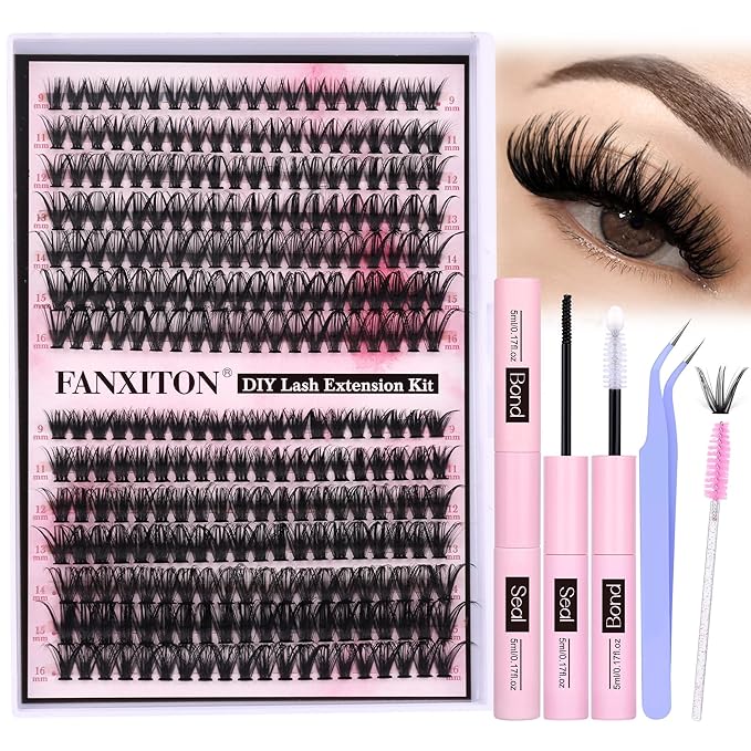 FANXITON DIY Individual Eyelash Extension Kit, Thick Volume Lash Clusters 40D+50D D Curvature, 280 Pieces Thin Band Cluster Lashes with Bond and Seal Tweezers