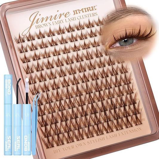 JIMIRE Brown Lash Clusters Kit Manga Lash Extension Kit Natural Look Dark Brown Eyelash Extension Kit 10-16MM CD-Curly Cluster Eyelash Extensions Kit with Lash Bond and Seal 110Pcs DIY at Home