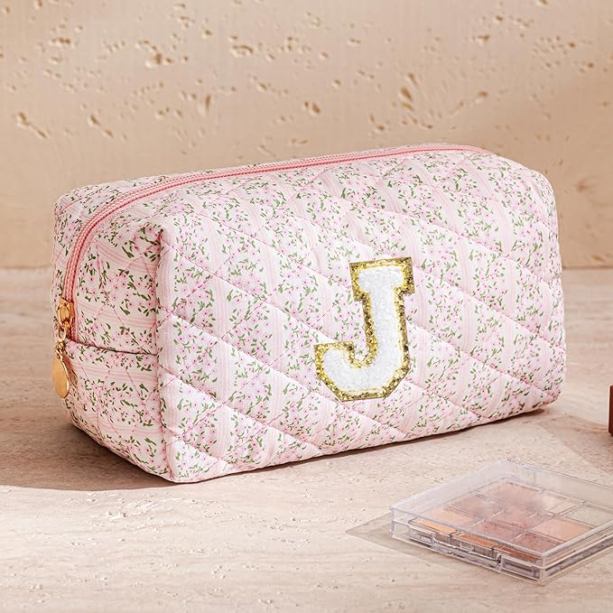HBselect Initial Makeup Bag for Women, Pink Cosmetic Travel Toiletry Bag, Flowers Zipper Make Up Pouch Organizer Teen Girl Gifts Trendy Stuff J