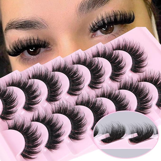 Focipeysa D Curl Lash Fluffy Volume Eyelash Thick False Eyelashes 16mm Lashes 8D Faux Mink Lash Dramatic Strip Eyelash Pack Lash that Look Like Extension 7 Pairs