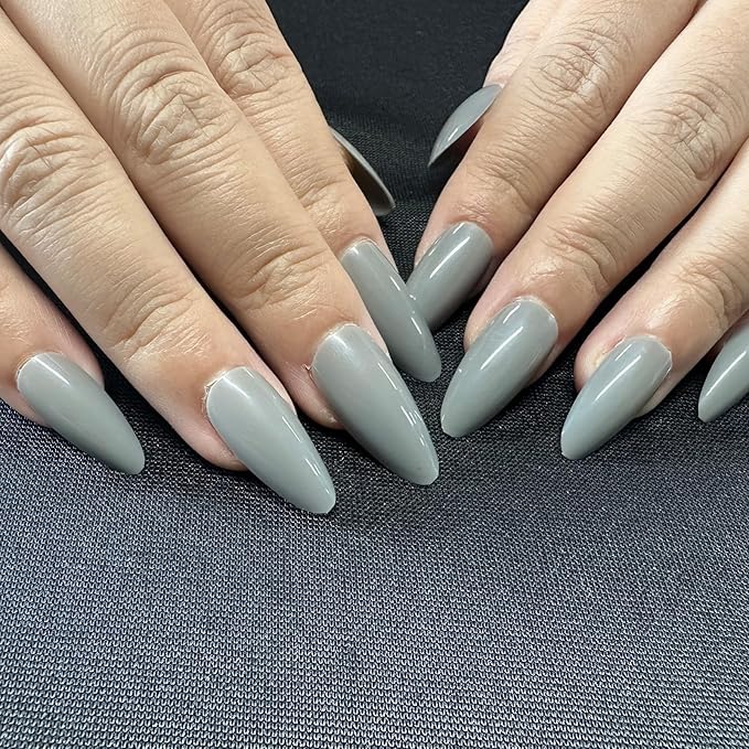 JONKASIPA French Pressed Glue Manicure - Gray Short Oval False Nails, Reusable Adhesive False Nails,Salon Quality 12 Sizes - 24pcs Nail Set