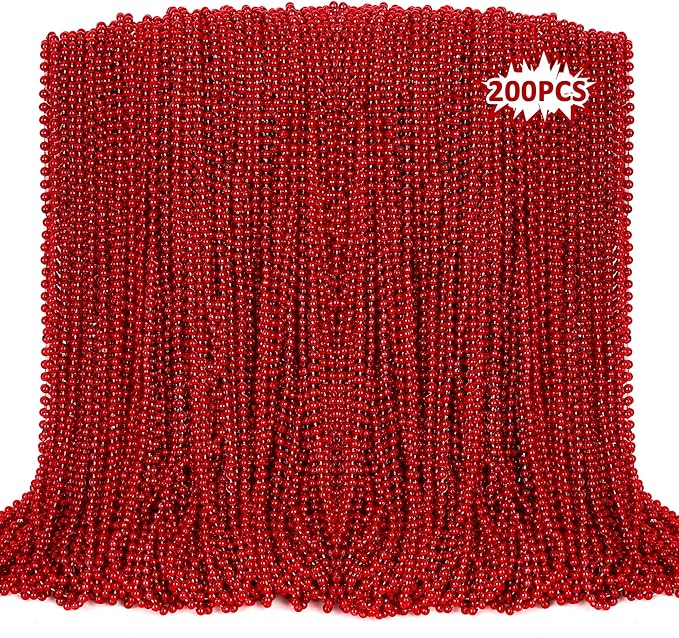 EOBOH 200PCS Bead Necklace, Red Christmas Bead Stuff Party Favors, 33" Red Necklaces Festival Parade Throw Accessories for Wedding Birthday Valentines Mardi Gras Christmas Celebrations Decorations