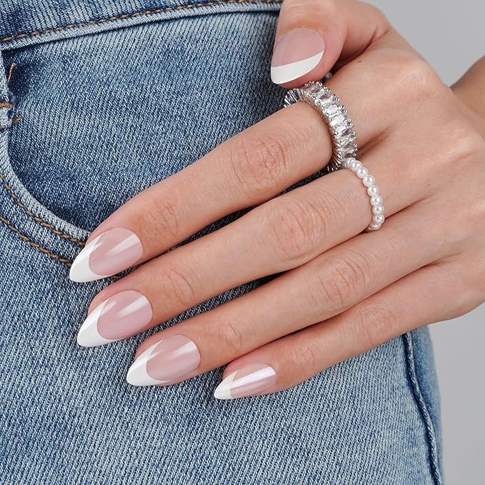 Canvalite French Tip Press On Nails Short, Chrome Almond Press on Nails Reusable Acrylic Fake Nails with Glue & Glue Remover Easy to Use 30Pcs Manicure Kit for Women, Natural White