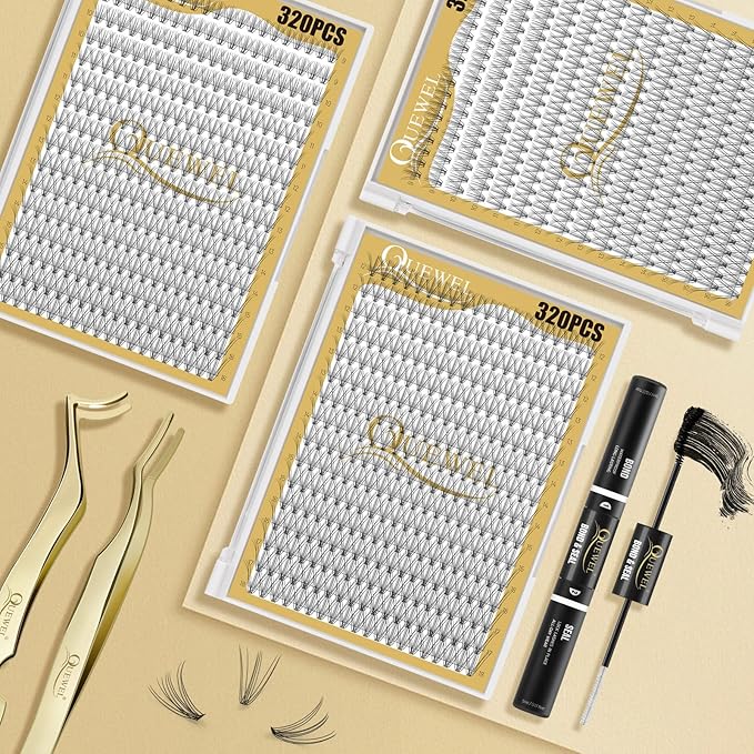 QUEWEL Lash Clusters 320Pcs Cluster Lashes 10D D Curl Lash Cluster Eyelash Extensions Mix12-18mm Individual Eyelashes Clusters Wispy Lash Clusters Thin Band Soft to Use at Home(10D D Mix12-18)