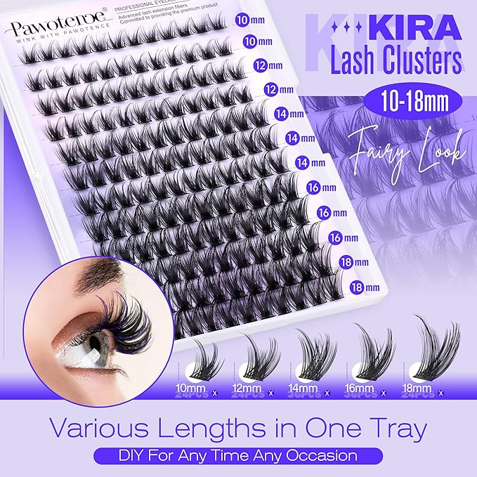 Pawotence Kira Lash Clusters Wispy Cluster Eyelash Extensions 10-18mm Individual Lashes DIY Cluster Lashes Extension Soft Comfortable Eyelash Clusters with Thin Band