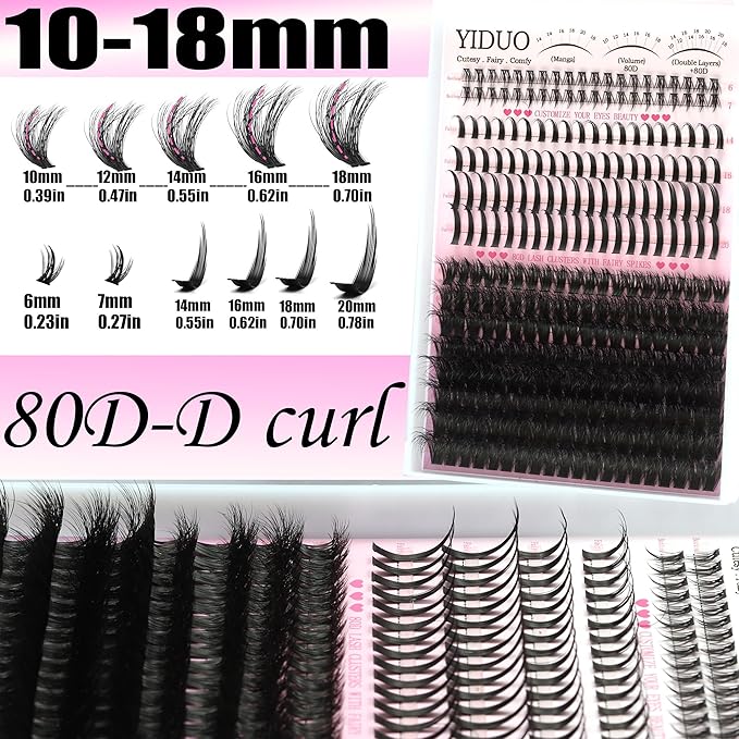 80D Volume Lash Clusters Kit with Long 14-16mm Lashes Spikes+Bottom Clusters Eyelash Extension Kit 280Pcs D-curly Wispy Individual Lash Extensions Kit DIY Spiky Lash Bond and Seal by YIDUO
