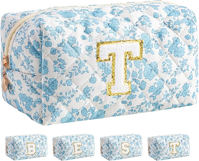 HBselect Initial Makeup Bag for Women, Quilted Cosmetic Travel Toiletry Bag, Flowers Zipper Make Up Pouch Organizer Teen Girl Gifts Trendy Stuff T