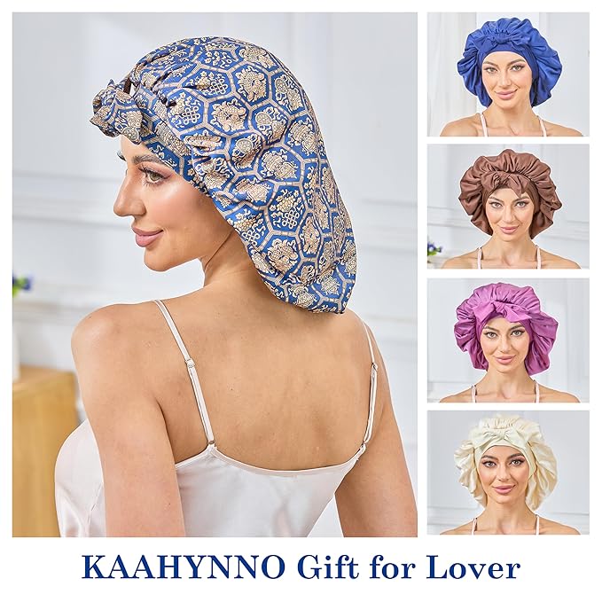 Silk Satin Bonnet for Sleeping Hair: Women Sleep Night Wrap Cap for Straight Wavy Curly Coily Kinky Natural Hair Head by Tie Band - Blue-Green & Gold Hexagon of Luck + Pink