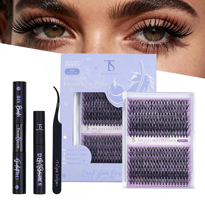 THINK SHOW Lash Clusters Kit 30D 9-16mm 280pcs Wispy Lash Clusters Kit with Bond and Seal,Tweezers,Remover Natural Cluster Eyelash Extensions for Beginners(30D)