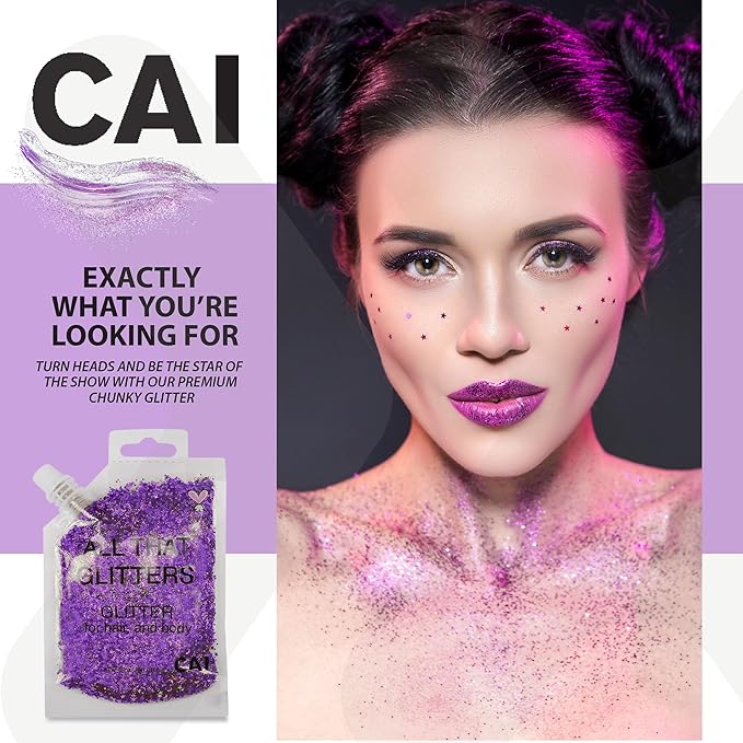 Face, Body & Hair Glitter Gel – Halloween Glitter for Kids and Women – 3 Oz Cosmetic-Grade Gel w/Moon & Stars for Festivals & Halloween Party, Easy Apply & Wash Off - Purple/Silver 2Pack