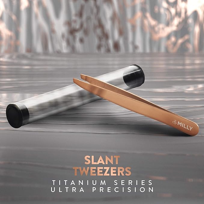 By MILLY Professional Slanted Tweezers for Women and Men | High Carbon Stainless Steel Sharp Tweezer | Tweezers for Women Facial Hair Plucking, Hand-Filed & Aligned Precision Tips - Rose Gold