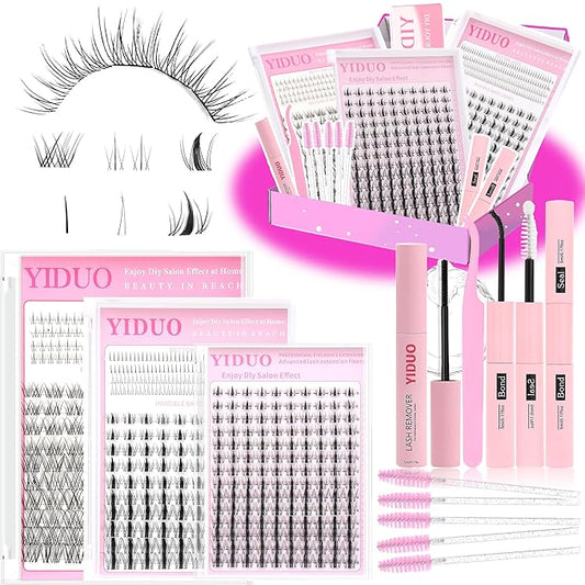 YIDUO Fairy Manga lashes Clusters with Bottom Lashes Clusters Kit Gift Packs 604Pcs 5-16mm Soft Extension False Eyelash D Curl Wispy Natural Wet-Look Lashes Extensions Combo Pack with Glue Removers