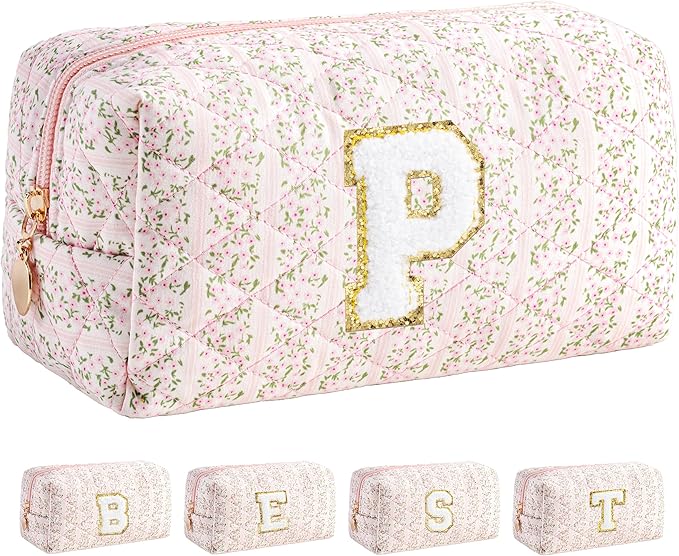 HBselect Initial Makeup Bag for Women, Pink Cosmetic Travel Toiletry Bag, Flowers Zipper Make Up Pouch Organizer Teen Girl Gifts Trendy Stuff P