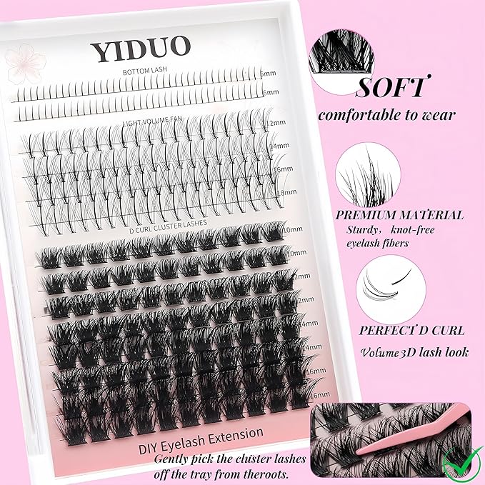 YIDUO Wispy Lash Clusters Kit Natural Individuals DIY Eyelash Extensions, C-Curl Volume Studio Effect 244Pcs Combo Pack with Bottom Lash|Glue|Tweezers|Removers|Eyelash&Eyebrow Brush