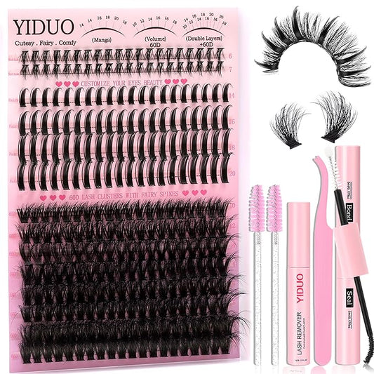 60D Volume Lash Clusters Kit with Long 14-16mm Lashes Spikes+Bottom Clusters Eyelash Extension Kit 280Pcs D-curly Wispy Individual Lash Extensions Kit DIY Spiky Lash Bond and Seal by YIDUO