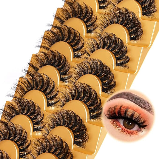 Focipeysa False Eyelashes Fluffy Mink Lashes Natural D Curl Lash Strips Look Like Extensions 17mm Wispy Crossed Cat Eye Lashes 8 Pairs Pack