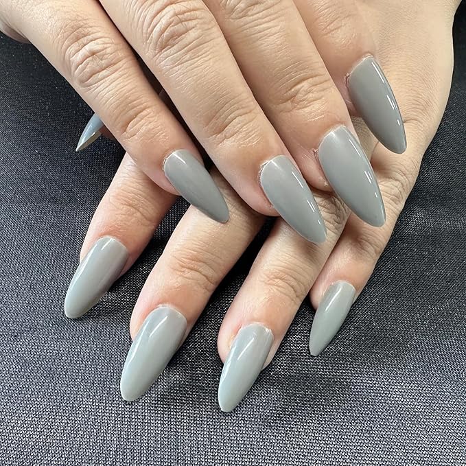 JONKASIPA French Pressed Glue Manicure - Gray Short Oval False Nails, Reusable Adhesive False Nails,Salon Quality 12 Sizes - 24pcs Nail Set