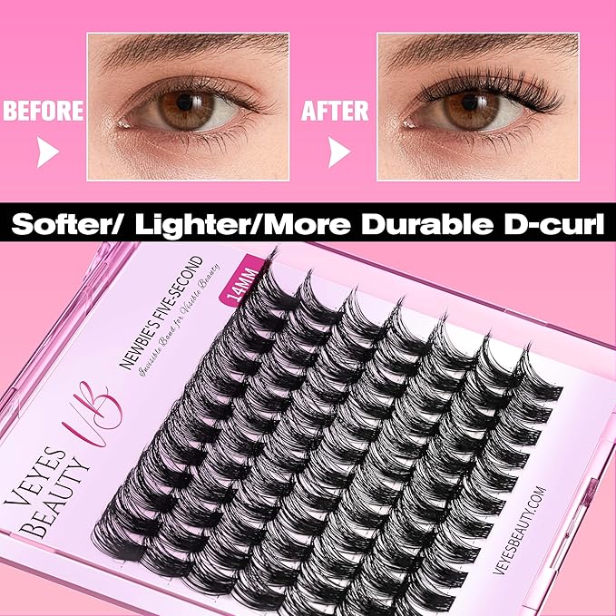 VEYESBEAUTY Lash Clusters Individual Eyelash Extensions Thin & Invisible Band DIY False Eyelashes for Self-application Newbie's Five-Second Series Wispy Lash Tray, Bomb 10mm Single Length