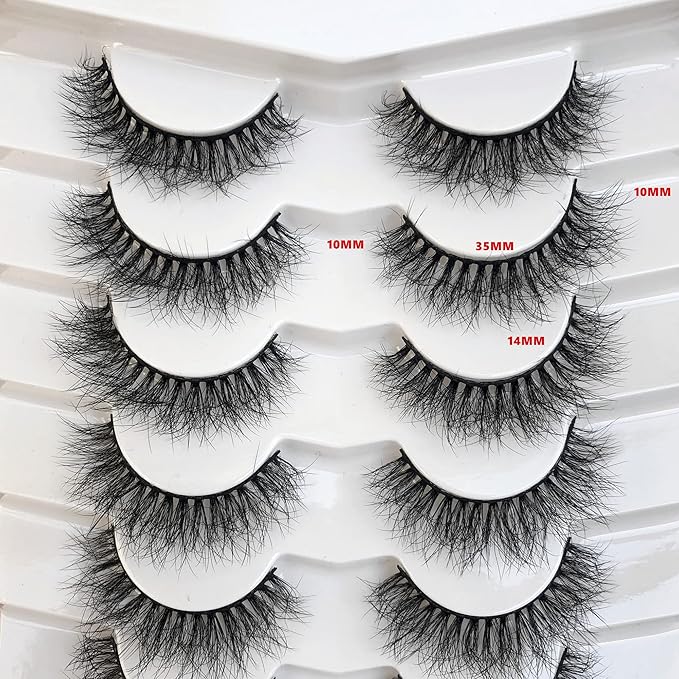 Pooplunch False Eyelashes Natural Volume 8D Faux Mink Lashes Wispy Short Fake Eye Lashes Strips 7 Pairs Pack