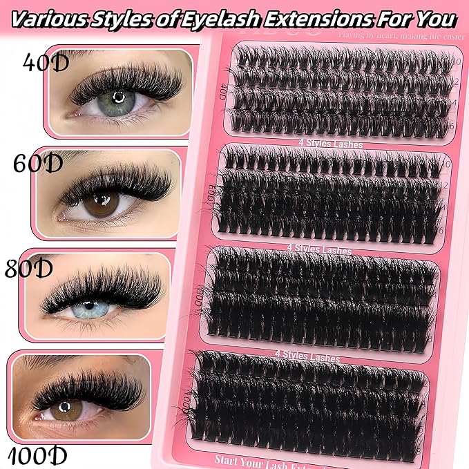 YIDUO Clusters Lashes Kit False Eyelashes Extensions 40D+60D+80D+100D Volume D Curl Wispy Individuals Fake Eyelash, 308Pcs All-in-1 Pack with Glue |Tweezers |Removers |Eyelash & Eyebrow Brush