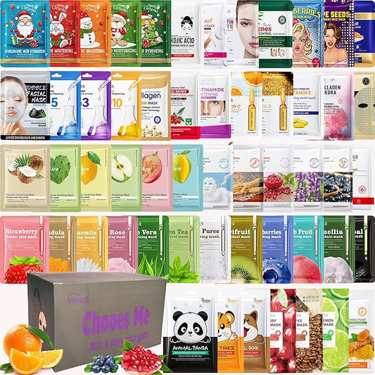 Meleell 55 Pack Collagen Face Masks Skincare Bulk,Hydrating Spa Face Mask Beauty for Sensitive Skin,Sheet Mask for Skin Care, Facial Mask Sets Birthday Party Gifts for Women/Teen Girls/Kids
