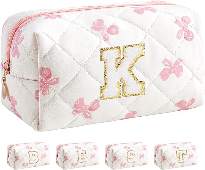 HBselect Initial Makeup Bag for Women, Pink Cosmetic Travel Toiletry Bag, Flowers Zipper Make Up Pouch Organizer Teen Girl Gifts Trendy Stuff K