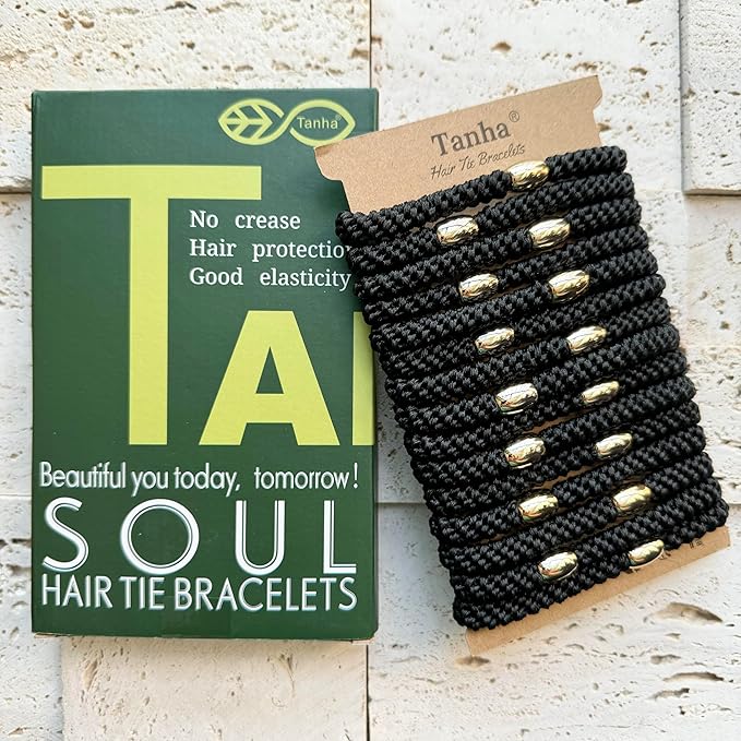 Tanha 15Pcs Hair Tie Bracelet,Hair Ties For Women Men,Ponytail Holders For Thick Hair,Strong Stretchy No Damage No Crease Hair Bands (Black)