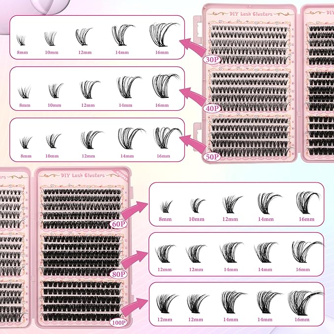 Gmagictobo Lash Clusters Fluffy DIY Lash Clusters Kit Volume Lash Extension Kit 570Pcs Individual Lashes Clusters Thin Band Eyelash Extension Kit Lash Bond and Seal Lash Tweezers