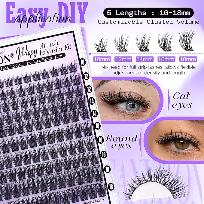 Wispy Lash Clusters Kit Natural Look Lash Clusters DIY Lash Extension Kit 10-18mm Cluster Eyelash Extensions Kit Lash Bond and Seal Lash Tweezers Individual Lashes Cluster Kit DIY Lash at Home