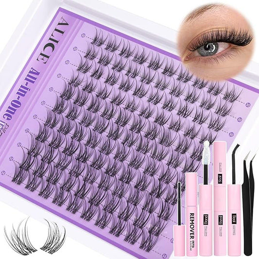 ALICE Natural Lash Extensions Kit Invisible Band Lash Clusters Kit Wispy10-14mm Eyelash Extensions C-Curly Individual Cluster Lashes Kit with Lash Remover DIY at Home