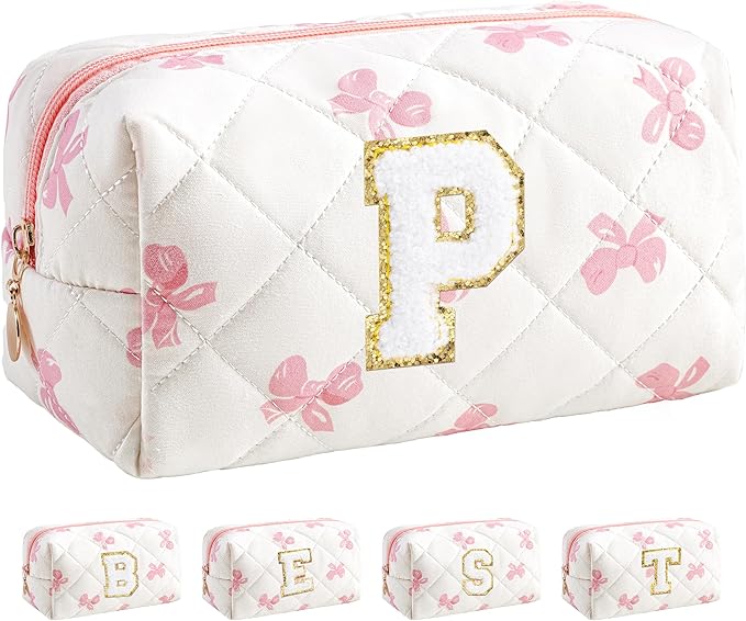 HBselect Initial Makeup Bag for Women, Pink Cosmetic Travel Toiletry Bag, Flowers Zipper Make Up Pouch Organizer Teen Girl Gifts Trendy Stuff P