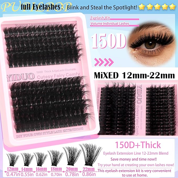 YIDUO 575Pcs Lashes Clusters Kit with Glue and Removers, D Curl Volume 150D+200D Thick+Spiky Lashes Extension, 12-21mm Thick Extension Eyelashes DIY Individual False Eyelash Kit DIY at Home Easily