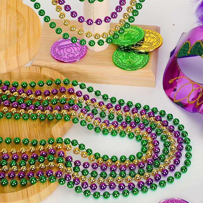 EOBOH 200PCS Mardi Gras Beads, Mardi Gras Green Purple Gold Metallic Beads Necklaces Accessories Bulk, Carnival Mardi Gras Beads Costumes Women Men for Parade Throws Party Decorations Favor Supplies