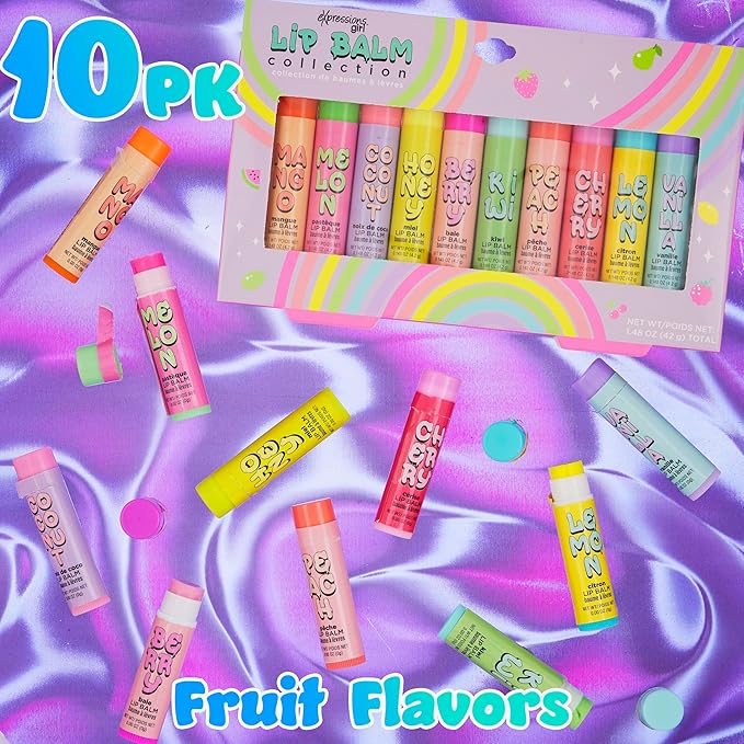 10pc Fruity Lip Balm Collection - Hydrating Lip Balms Infused w/Fresh Fruity Flavors - Vitamin Enriched Nourishing Lip Balm Set