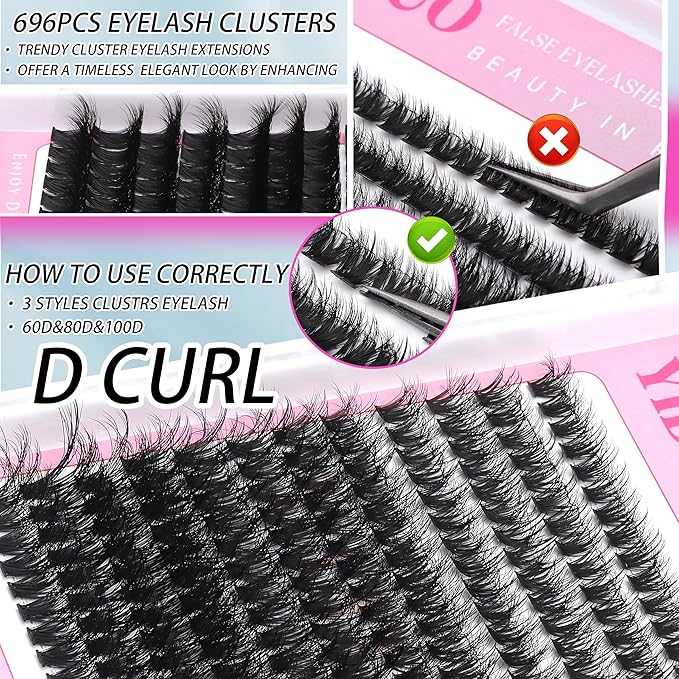 YIDUO Volume Lashes Cluster Kit 60D+80D+100D Clusters Lash Eyelashes Kit 696Pcs Bulk Packs, D Curl Wispy 10-18mm DIY Individual Eyelash Extensions Wholesale Combo Pack with Glue|Tweezers|Removers