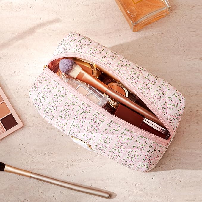 HBselect Initial Makeup Bag for Women, Pink Cosmetic Travel Toiletry Bag, Flowers Zipper Make Up Pouch Organizer Teen Girl Gifts Trendy Stuff H