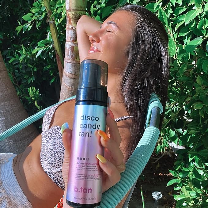 b.tan Dark Self Tanner Mousse | Disco Candy Tan - Best, 1 Hour Express Sunless Tanning Foam, Candy-Scented, Sweat-Proof & Transfer Resistant, No Fake Tan Smell, Vegan, Cruelty Free, 6.7 Fl Oz