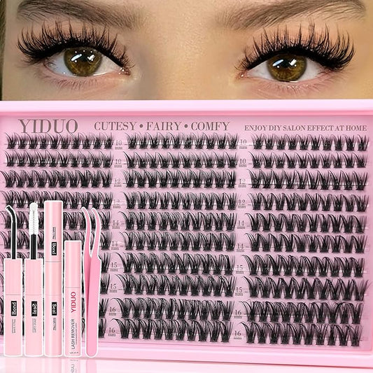 YIDUO Natural Wispy Eyelash Clusters Lashes Clusters Kit 10-16mm DIY Lashes Extension Kit 300pcs C Curl Individual Lashes Cluster with Lash Bond and Seal|Removers|Tweezers