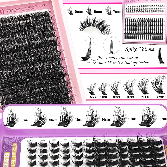 YIDUO Lash Clusters Kit 6 Styles Bulk Packs Eyelash Extensions Volume/Manga/ultra/Dramatic with pikes Bottom Lashes Clusters Kit 5-20mm Wispy D Curl Individual Fake Eyelashes Kit DIY at Home Easily