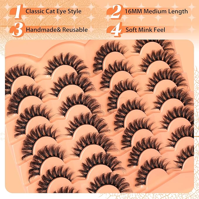 JIMIRE False Eyelashes 14 Pairs Cat Eye Lashes Wispy Fluffy D Curl Strip Natural Lashes Look Like Eyelash Extension 16MM Wispy Faux Mink Fake Lashes Pack