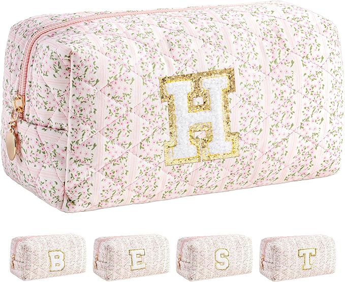 HBselect Initial Makeup Bag for Women, Pink Cosmetic Travel Toiletry Bag, Flowers Zipper Make Up Pouch Organizer Teen Girl Gifts Trendy Stuff H