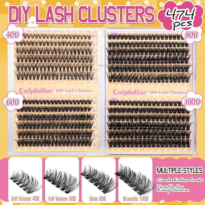 Calphdiar Lash Clusters 40D+60D+80D+100D Eyelash Clusters 474PCS Individual Lashes D-Curly Cluster Eyelash Extensions 8-16MM Wispy Lashes Clusters Volume False Mink Eyelashes DIY Lash Extension