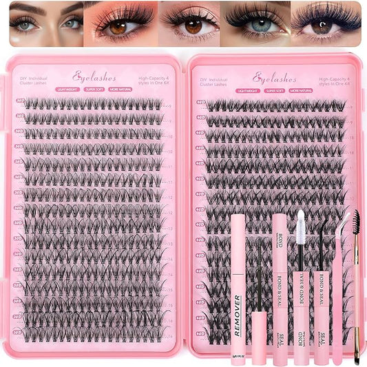 Lash Clusters Kit, 640 Pcs Eyelashes Cluster Extensions Kit 9-16mm Flufffy Individual Lashes 30D-60D D Curl False Eyelashes with Thin Band Match Tools for DIY (30D+40D Kit 9-16mm)