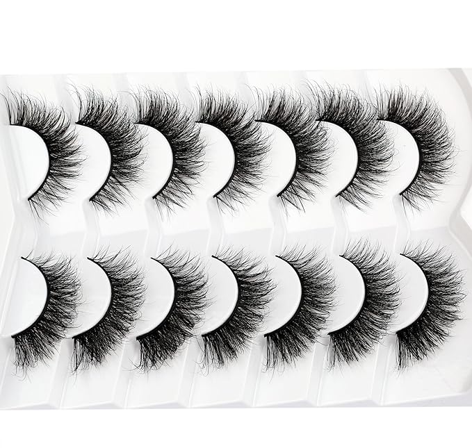 Pooplunch Cat Eye Lashes Wispy Volume False Eyelashes Natural 8D Short Soft Fake Eyelash Faux Mink Lash Strips 7 Pairs Pack